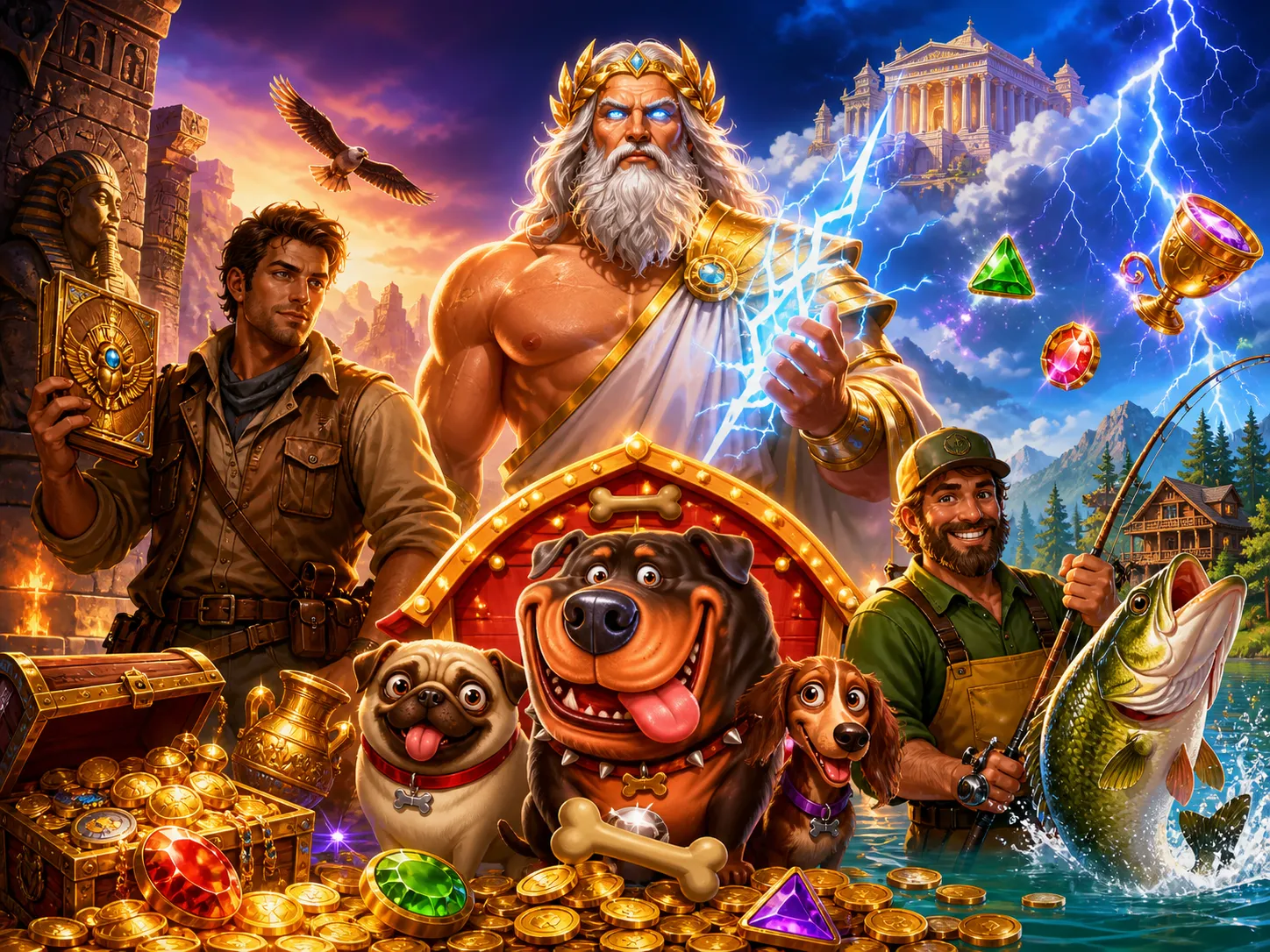 Illustrated slot game characters with vibrant fantasy world background